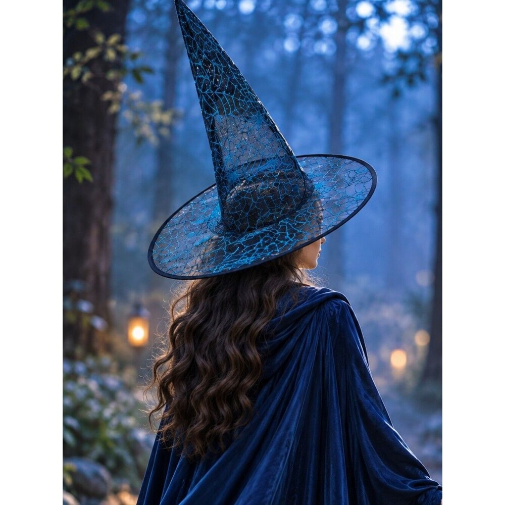 Blue Sheer Witch Hat Blue Glitter Spiderweb Halloween Costume Cosplay Whimsygoth